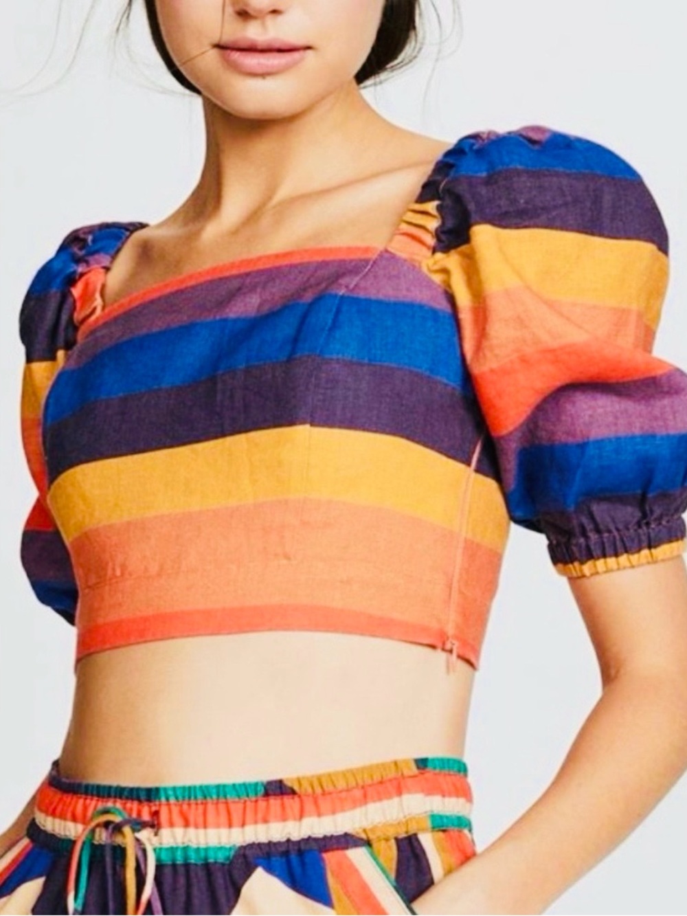 Farm Rio Rainbow Multicolor Striped Short Puff Sleeve Linen Crop Top Size Small - Picture 4 of 11